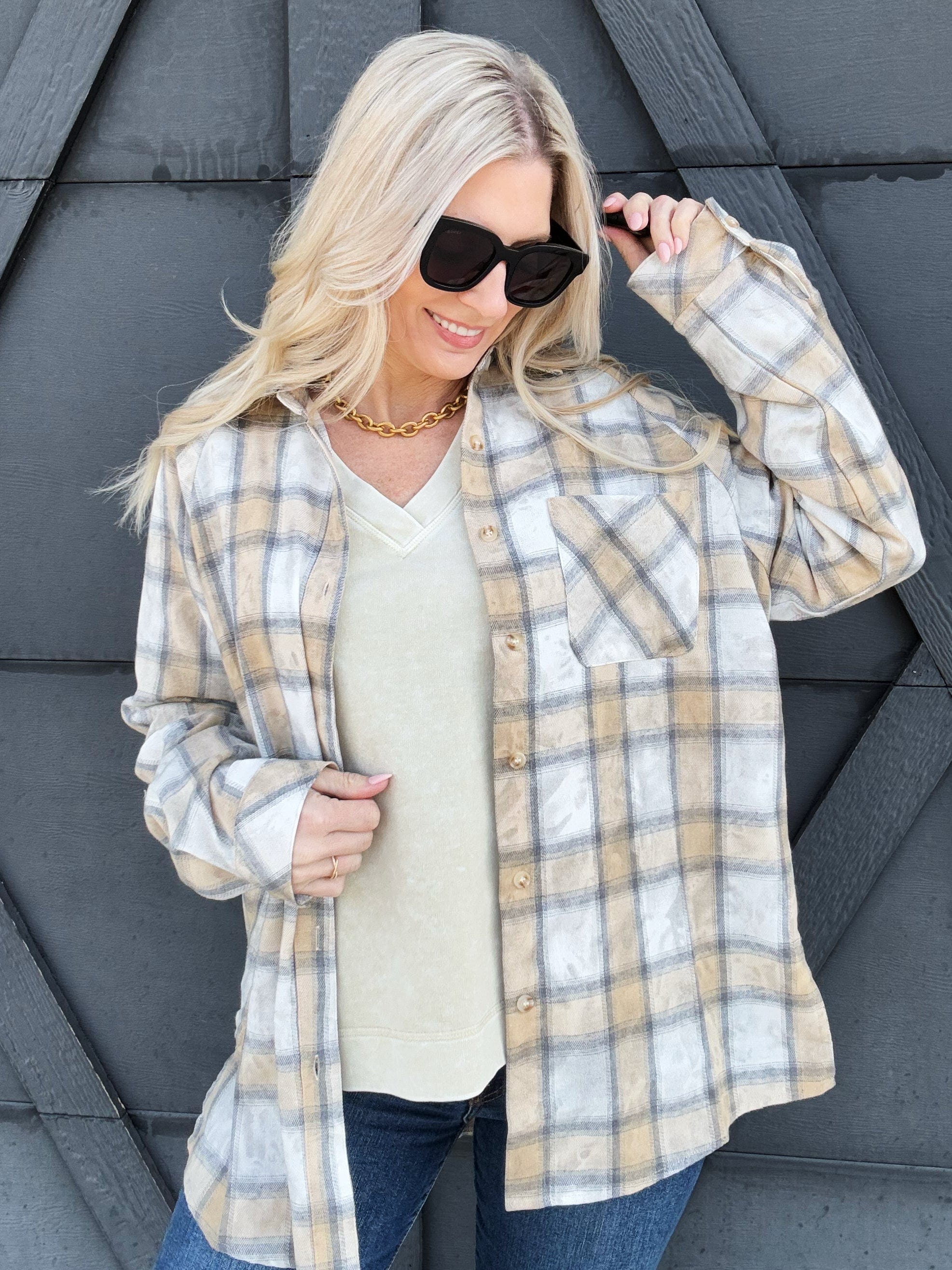 Laura Acid Wash Flannel Shirt In Oat - Infinity Raine