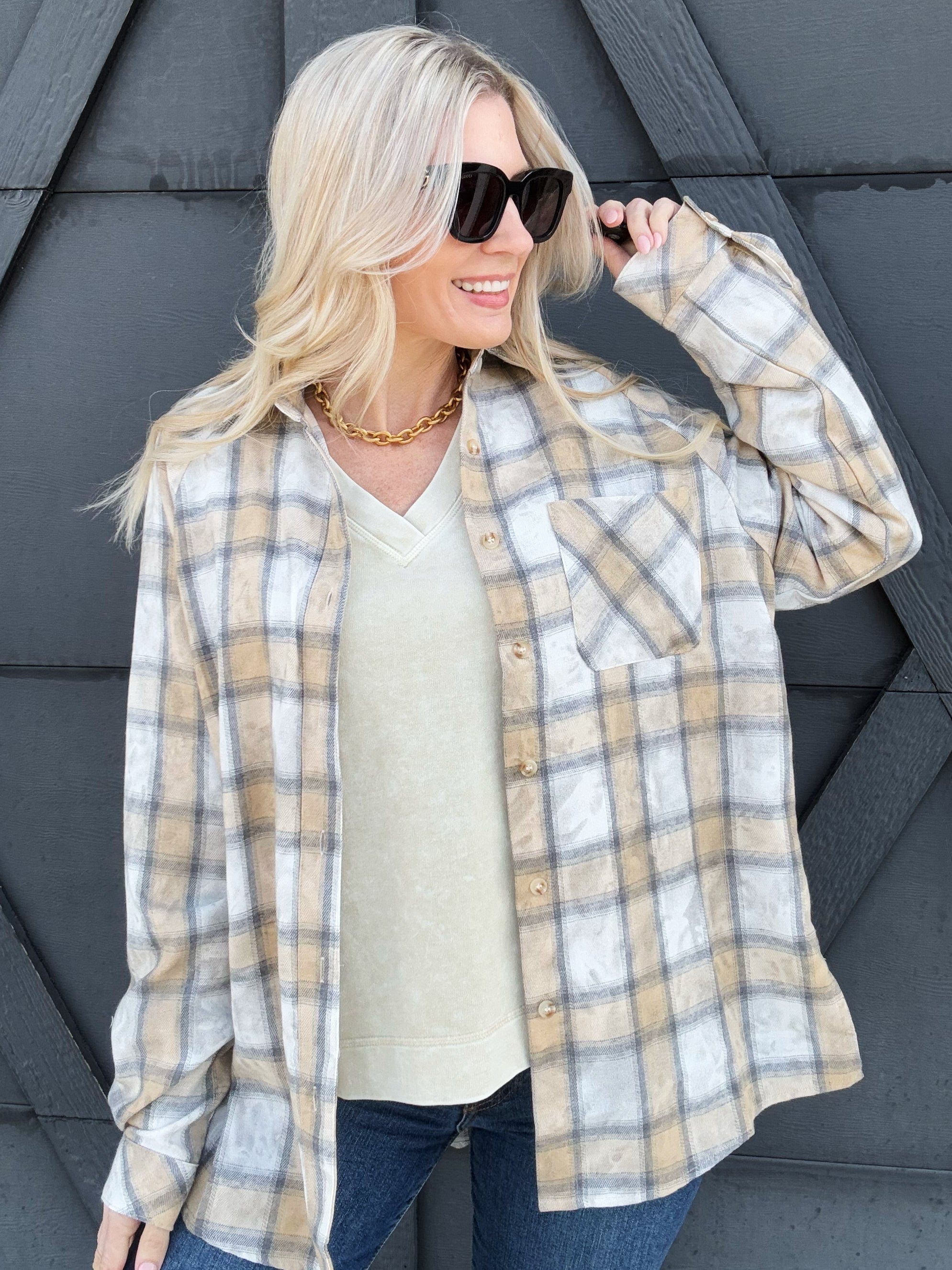 Laura Acid Wash Flannel Shirt In Oat - Infinity Raine