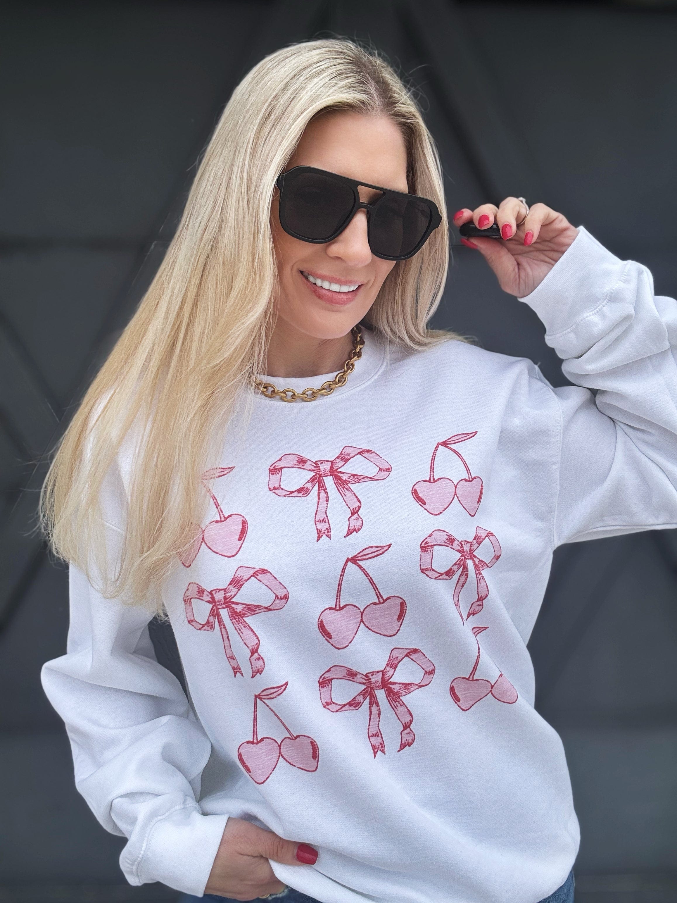 Cherries N' Bows Sweatshirt In White - Infinity Raine