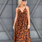 Leopard Print Plunge Midi Dress In Brown - Infinity Raine