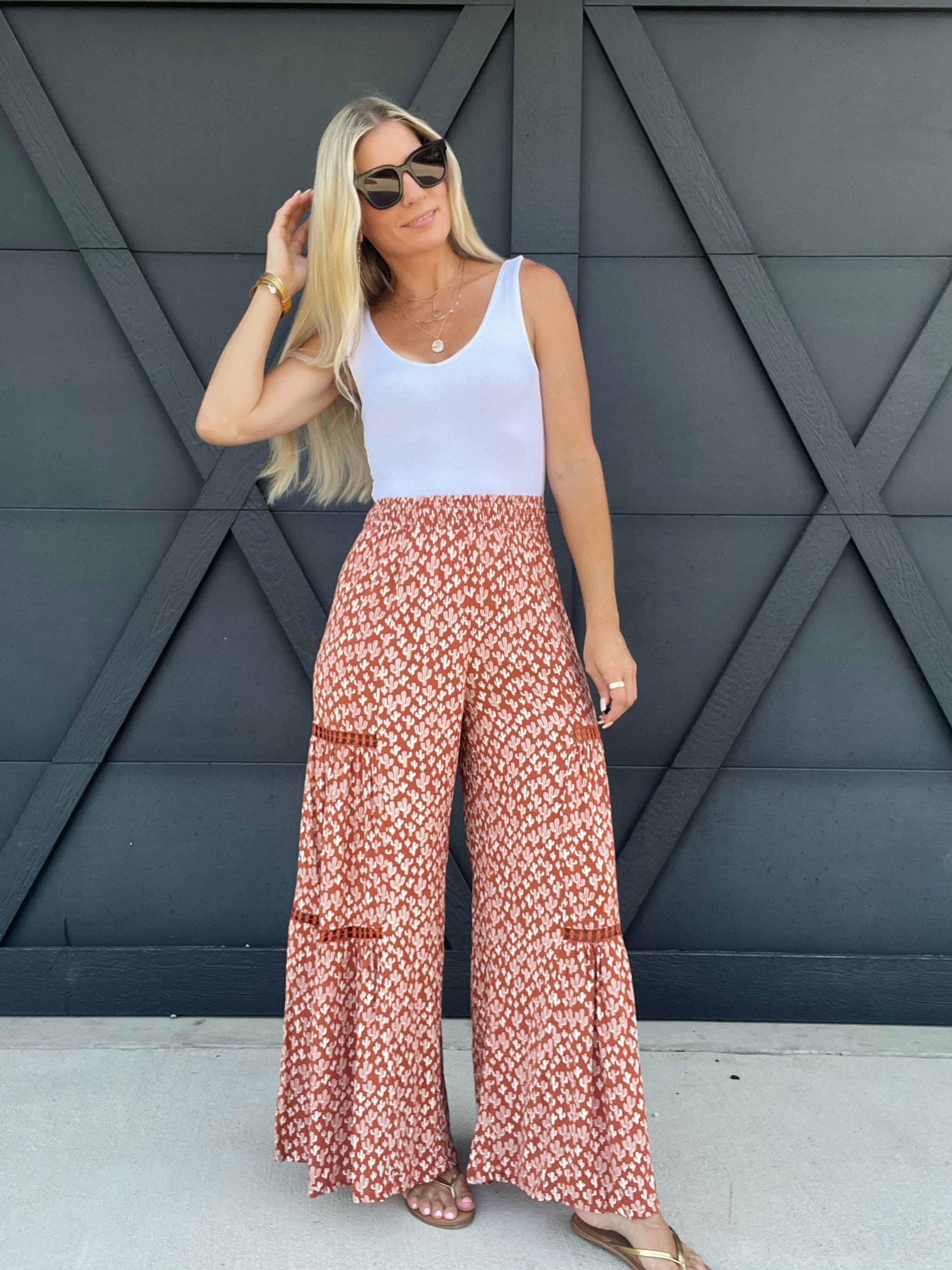 Wide Leg Cactus Print Palazzo Pants In Adobe - Infinity Raine