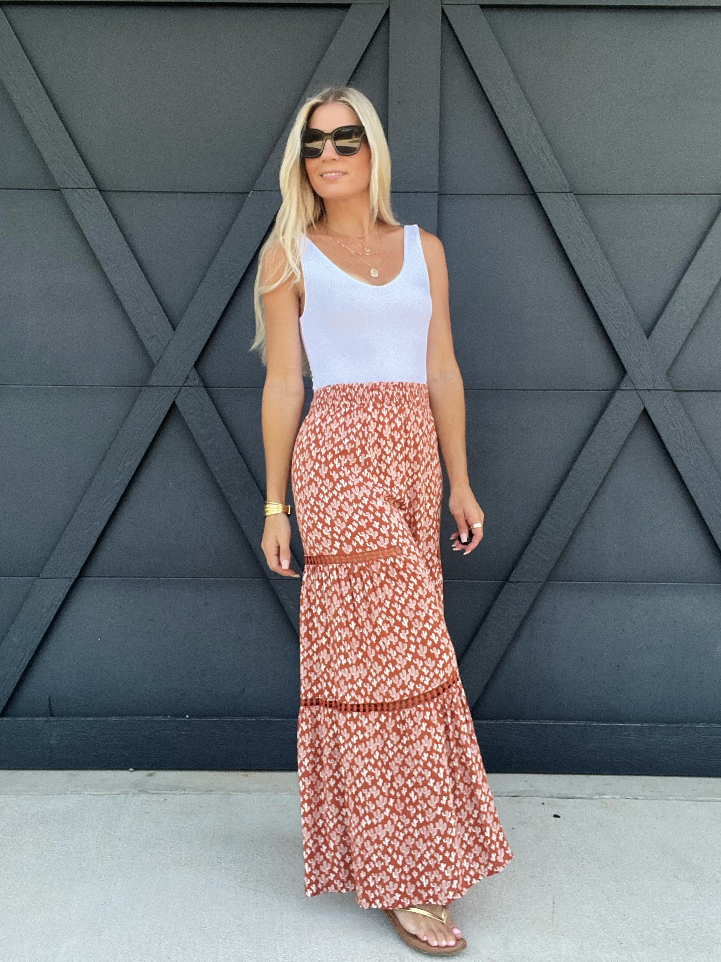 Wide Leg Cactus Print Palazzo Pants In Adobe - Infinity Raine