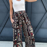 Wide Leg Floral Print Plazzo Pants In Black - Infinity Raine