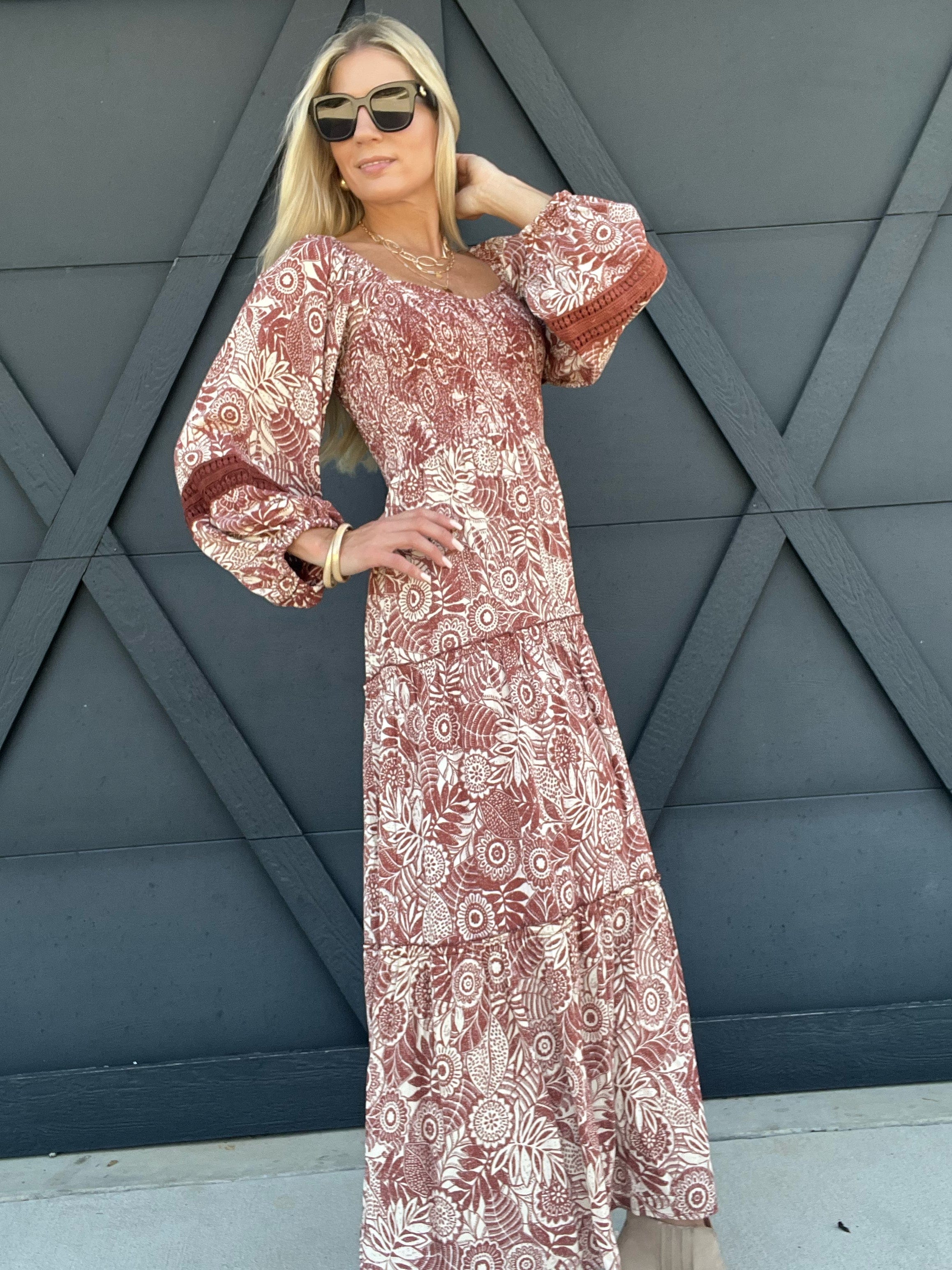 Long Sleeve Smocked Maxi Dress In Ginger - Infinity Raine