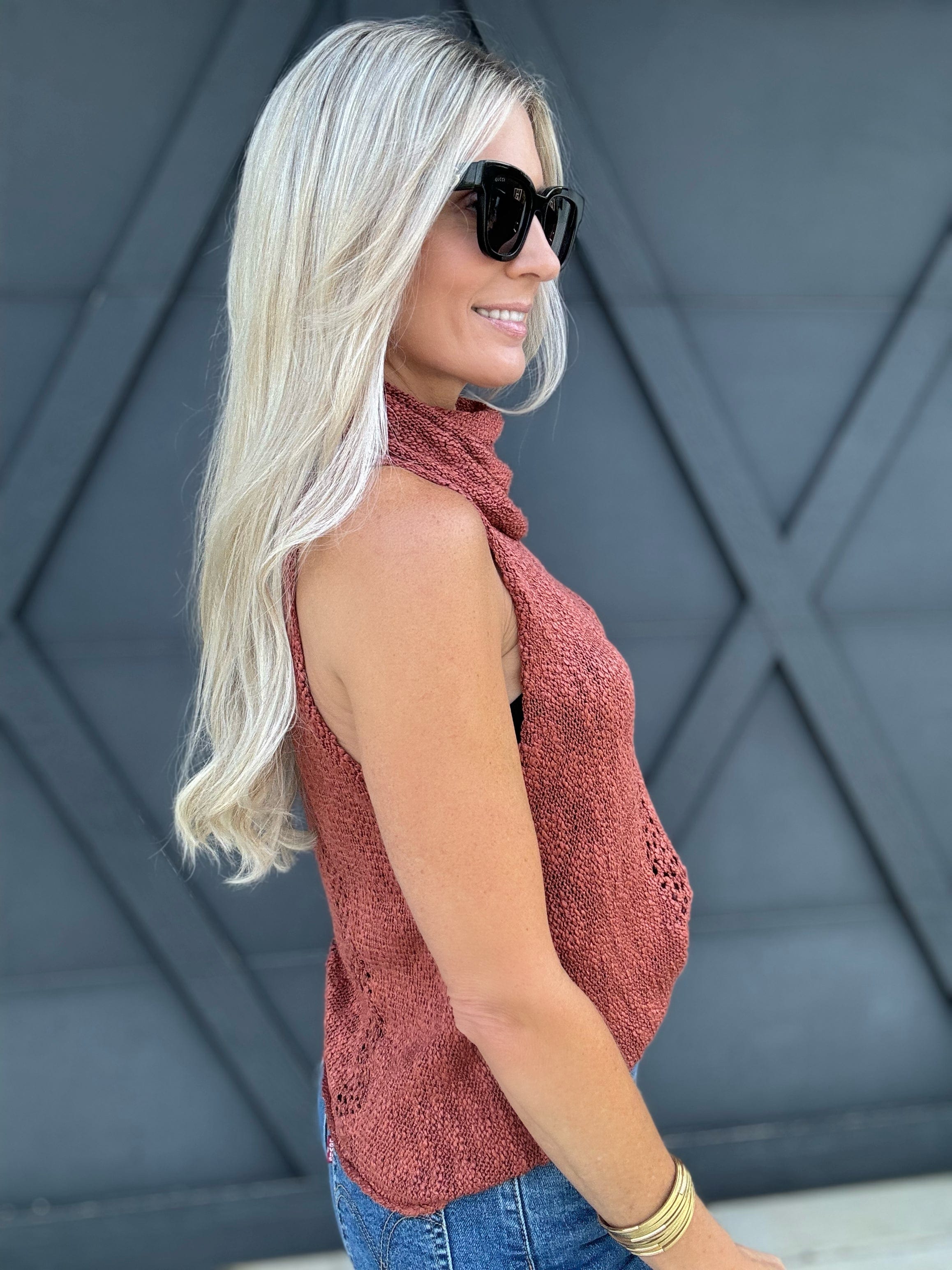 Cowl Neck Knit Tank Top In Rust - Infinity Raine