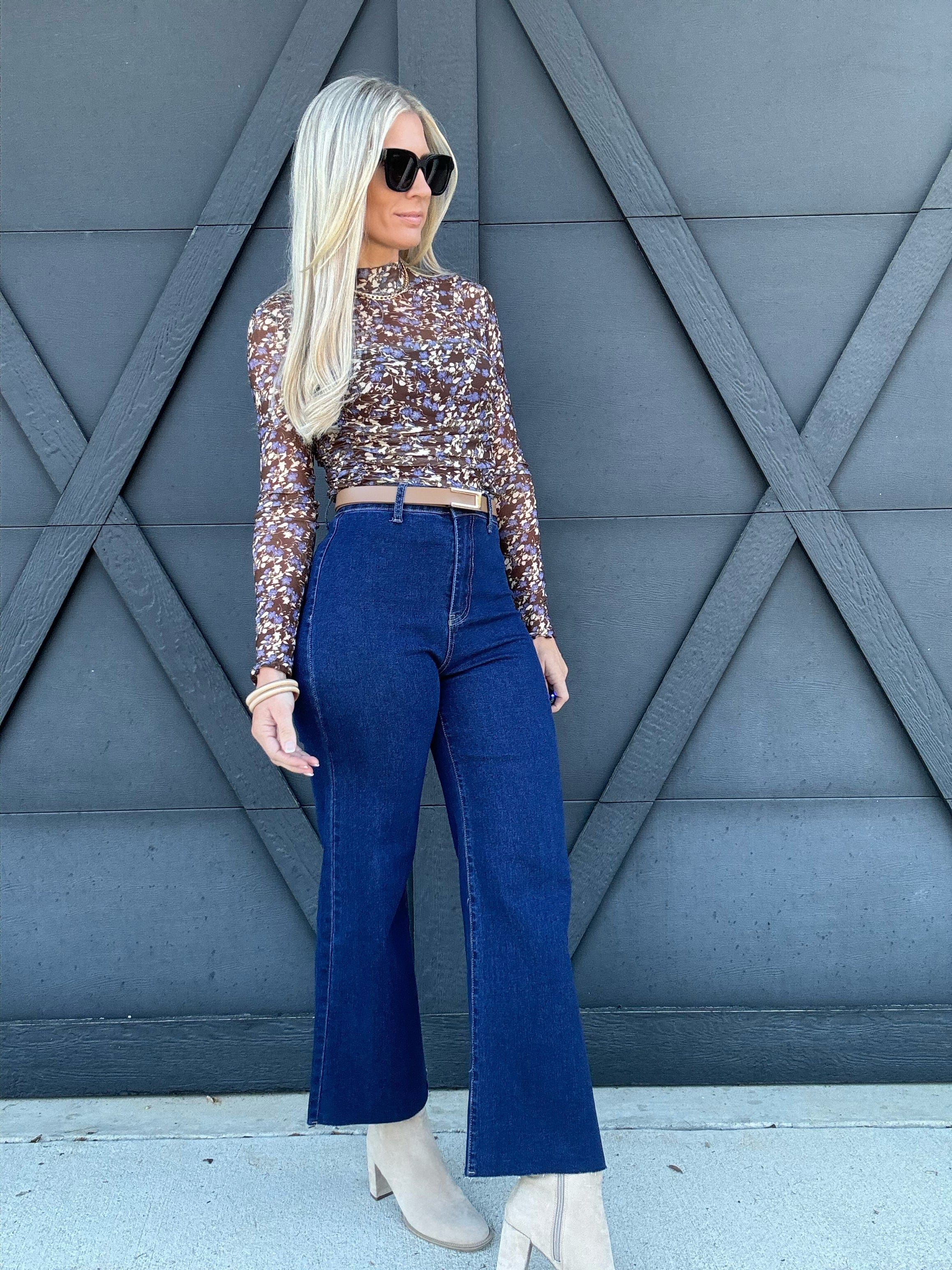 Stretch High Rise Wide Leg Cropped Dark Denim Jean - Infinity Raine