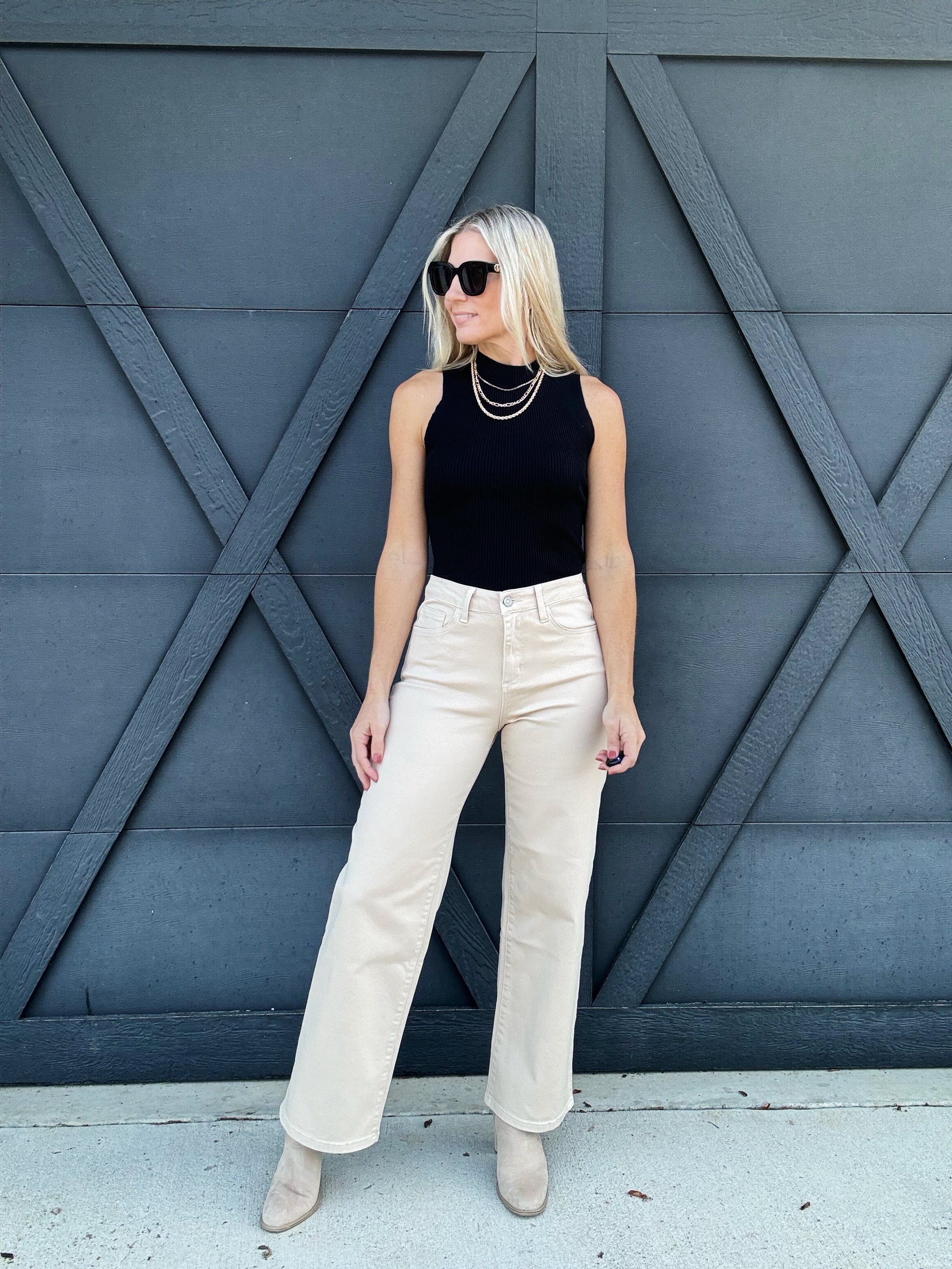 High Rise Wide Leg Twill Pants In Khaki - Infinity Raine