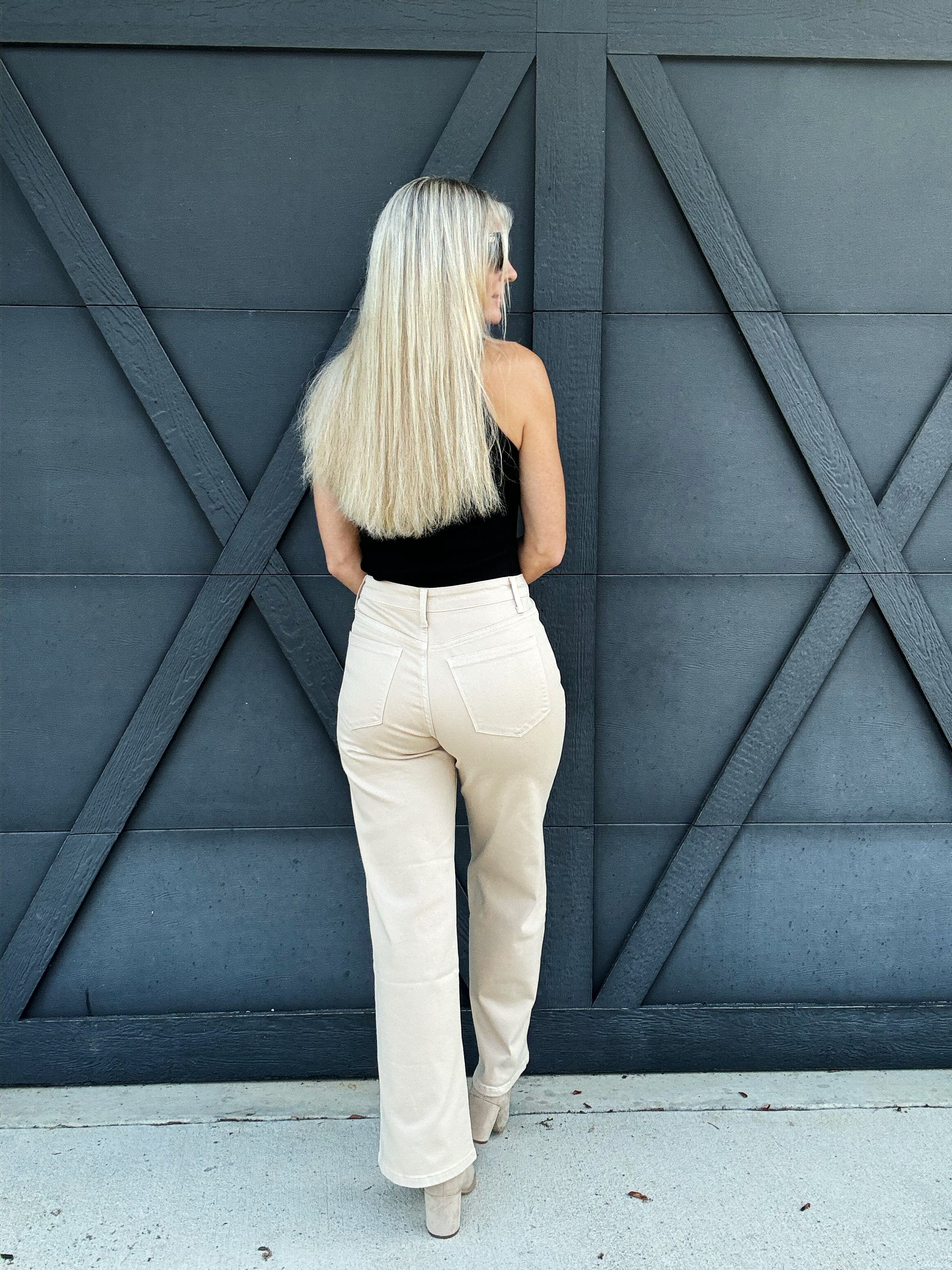 High Rise Wide Leg Twill Pants In Khaki - Infinity Raine