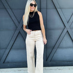 High Rise Wide Leg Twill Pants In Khaki - Infinity Raine