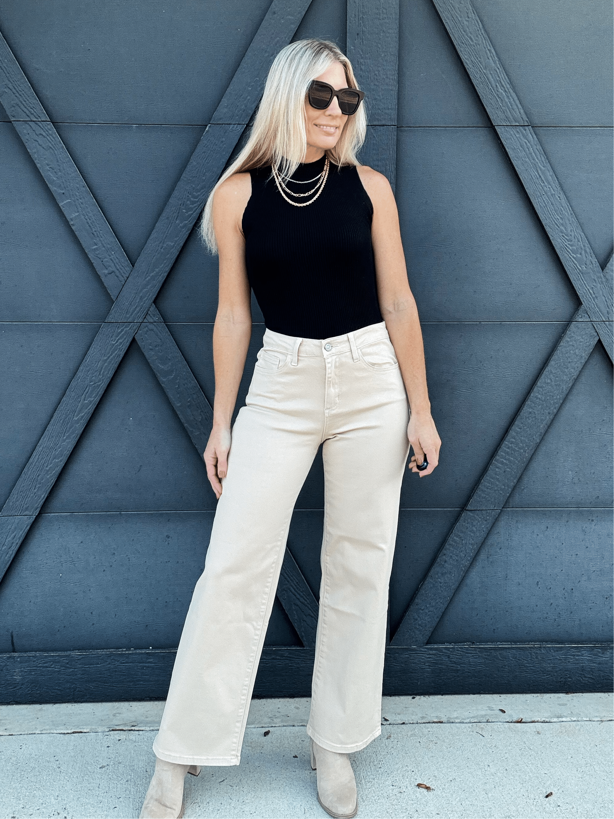 High Rise Wide Leg Twill Pants In Khaki - Infinity Raine