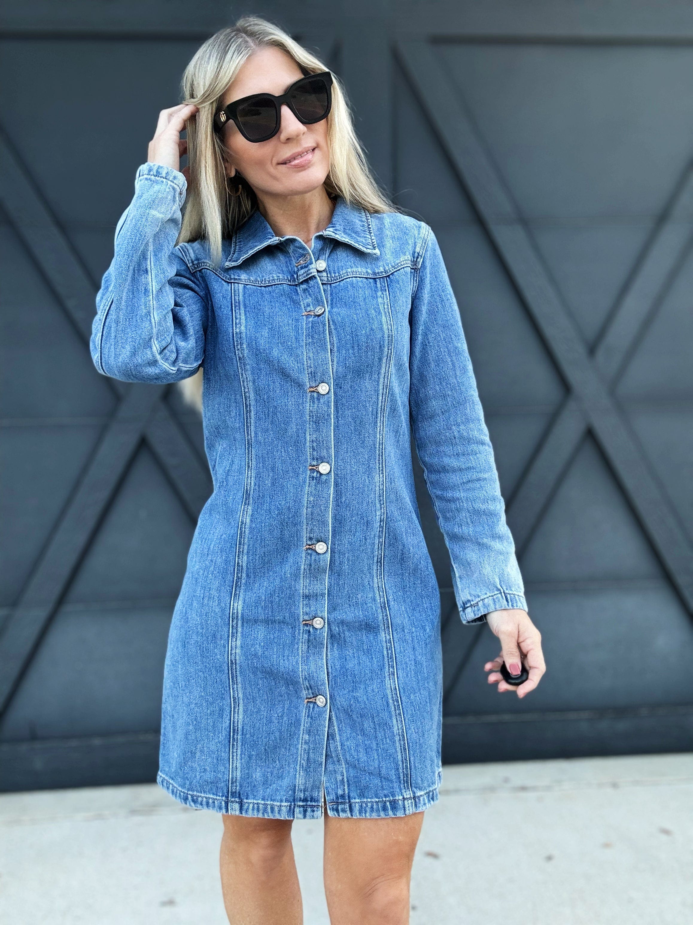 Long Sleeve Denim Shirt Dress In Midnight Thunder - Infinity Raine