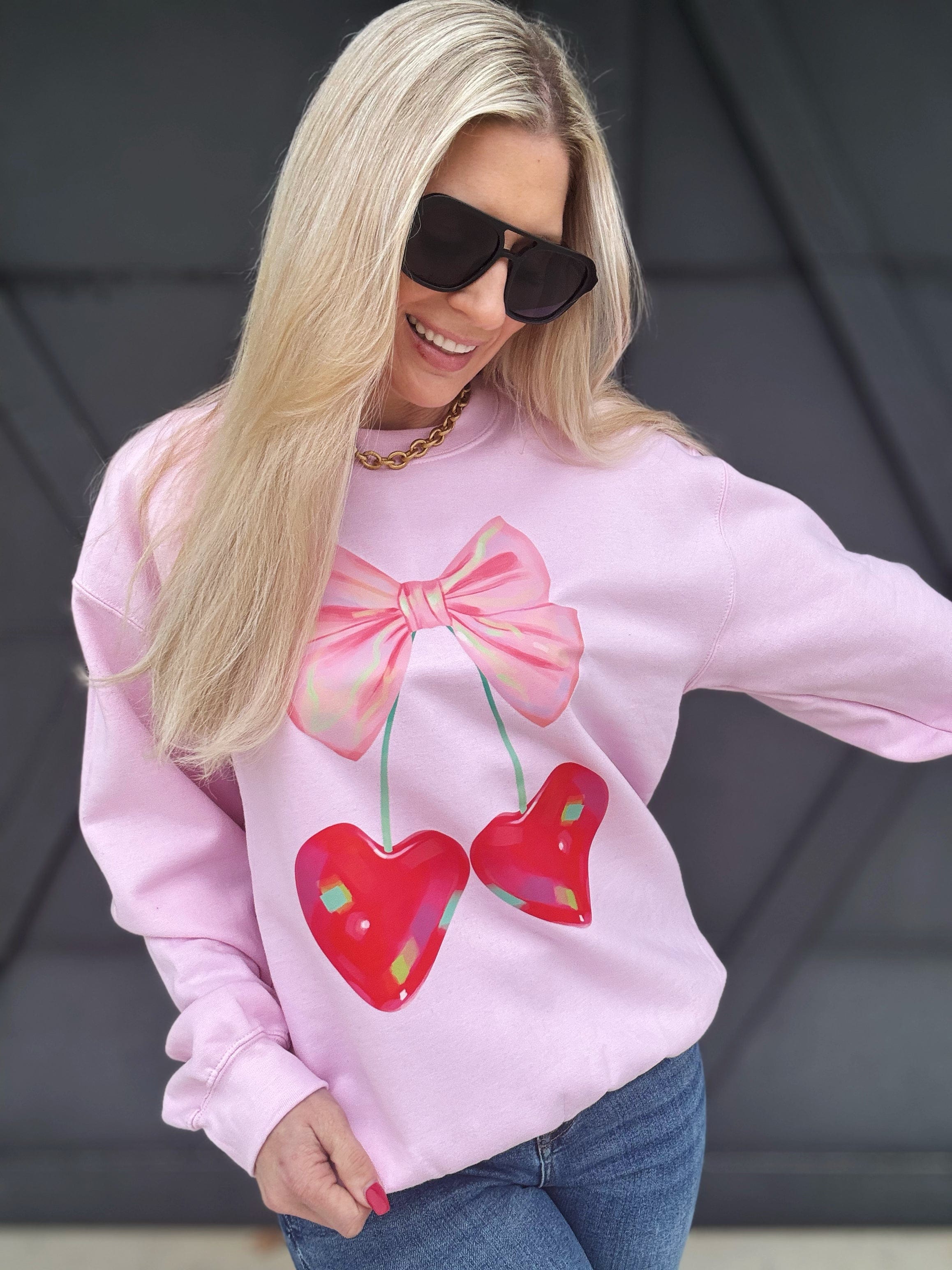 Cherry Bow Sweatshirt In Pink - Infinity Raine