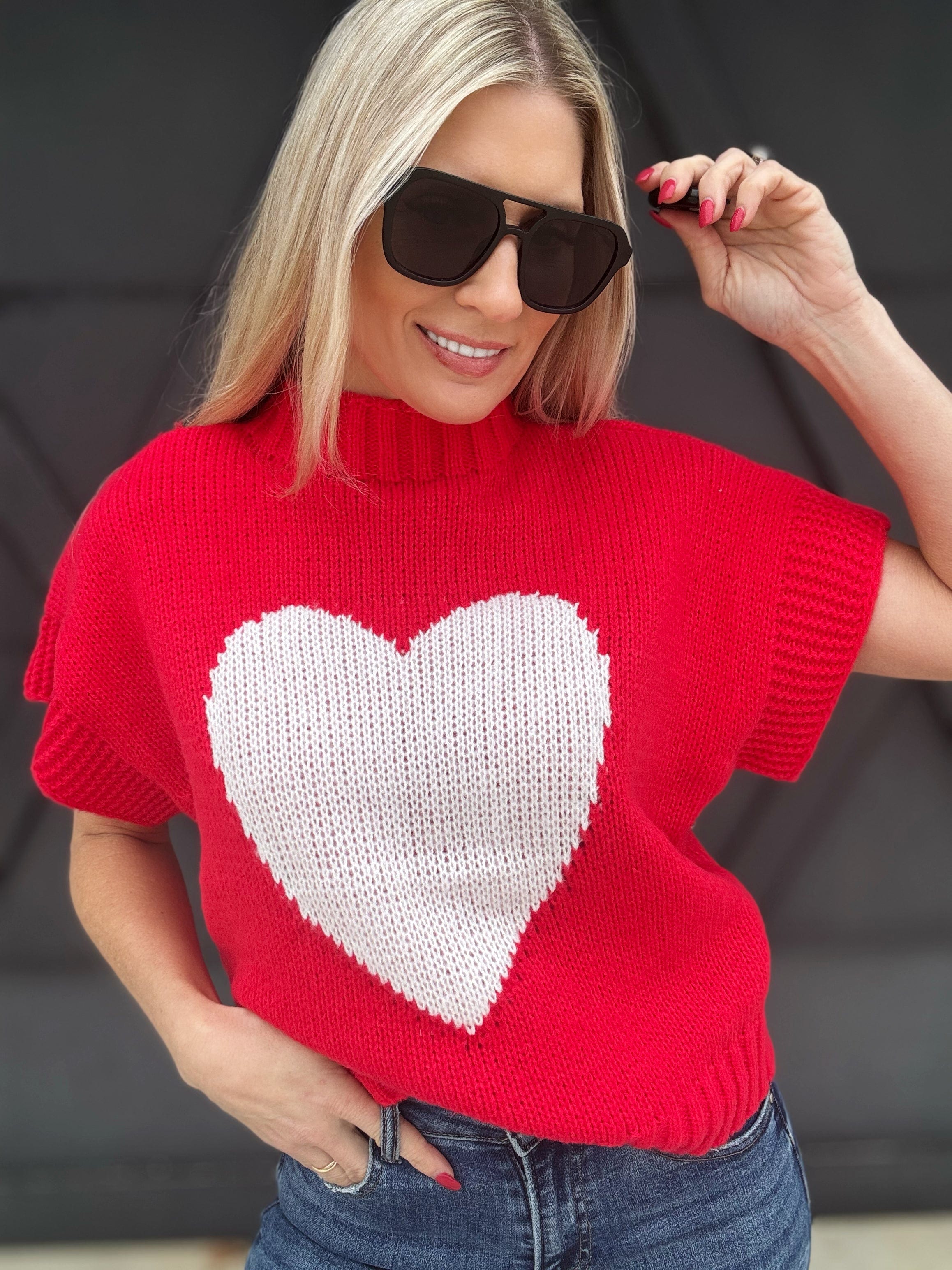 Mock Neck Heart Sweater In Red - Infinity Raine