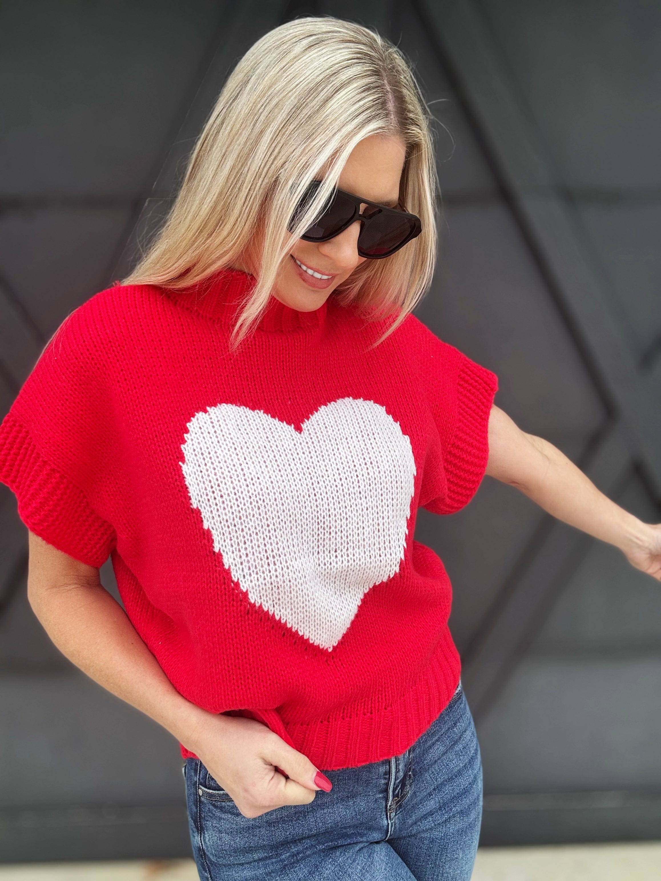 Mock Neck Heart Sweater In Red - Infinity Raine