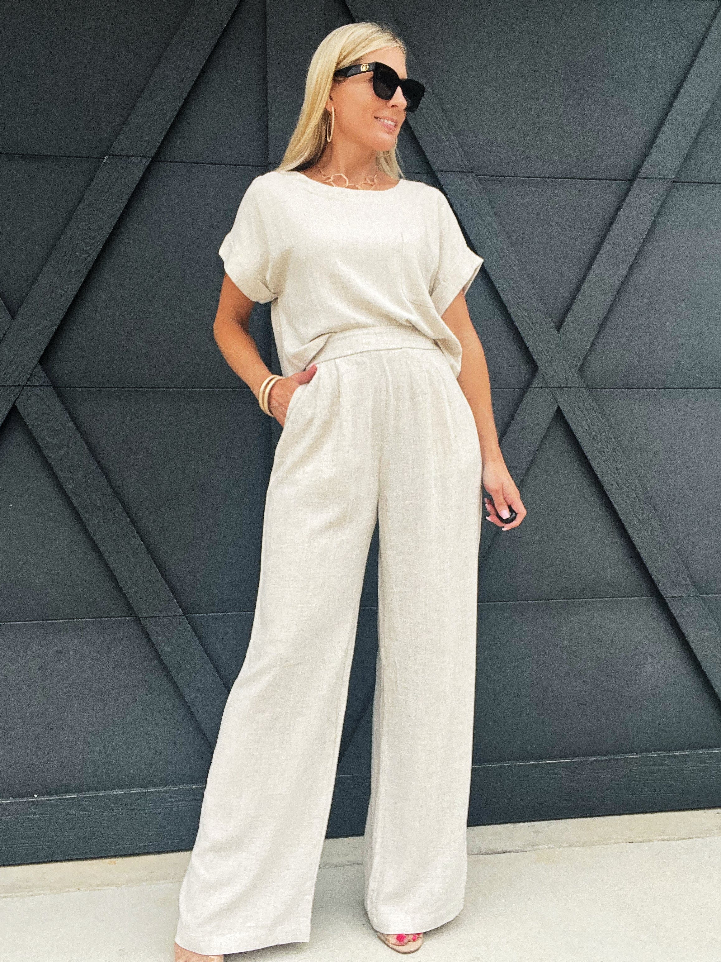 High Waisted Pleated Linen Pants In Oatmeal - Infinity Raine