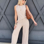 Stripe Wide Leg Knit Pants In Sand - Infinity Raine