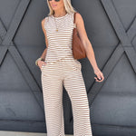 Stripe Wide Leg Knit Pants In Sand - Infinity Raine