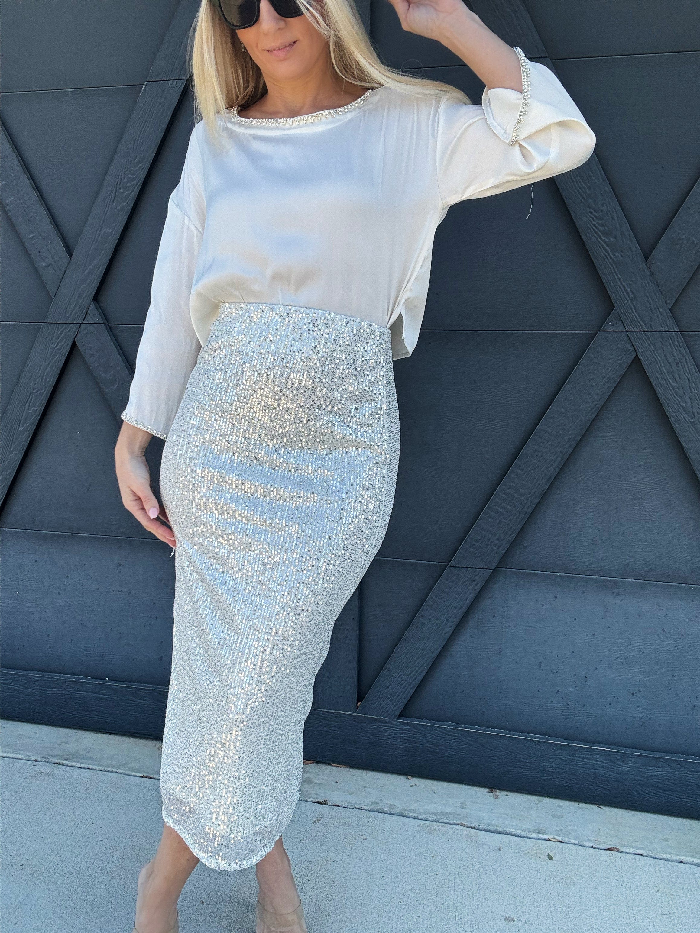 Sequin Midi Skirt In Silver - Infinity Raine