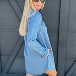 Collared Long Sleeve Mini Shirt Dress In Light Wash - Infinity Raine