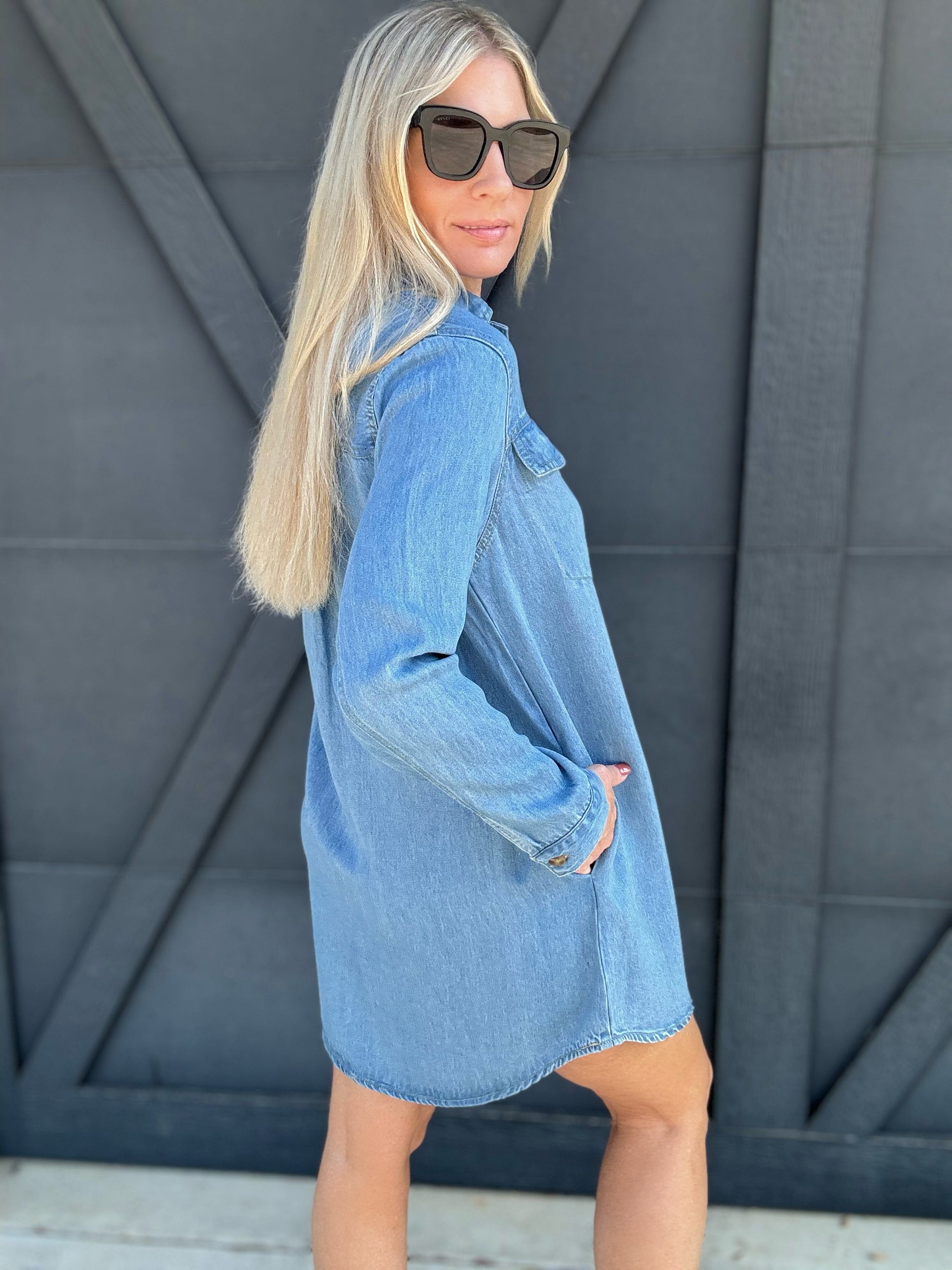 Collared Long Sleeve Mini Shirt Dress In Light Wash - Infinity Raine