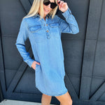 Collared Long Sleeve Mini Shirt Dress In Light Wash - Infinity Raine