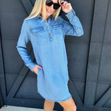 Collared Long Sleeve Mini Shirt Dress In Light Wash - Infinity Raine