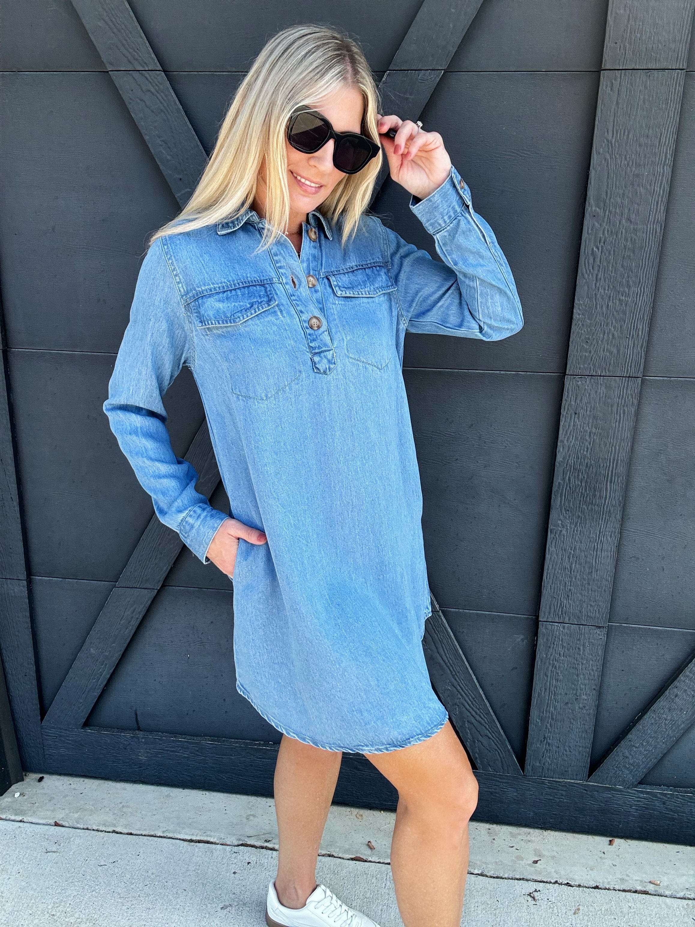 Collared Long Sleeve Mini Shirt Dress In Light Wash - Infinity Raine