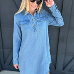 Collared Long Sleeve Mini Shirt Dress In Light Wash - Infinity Raine