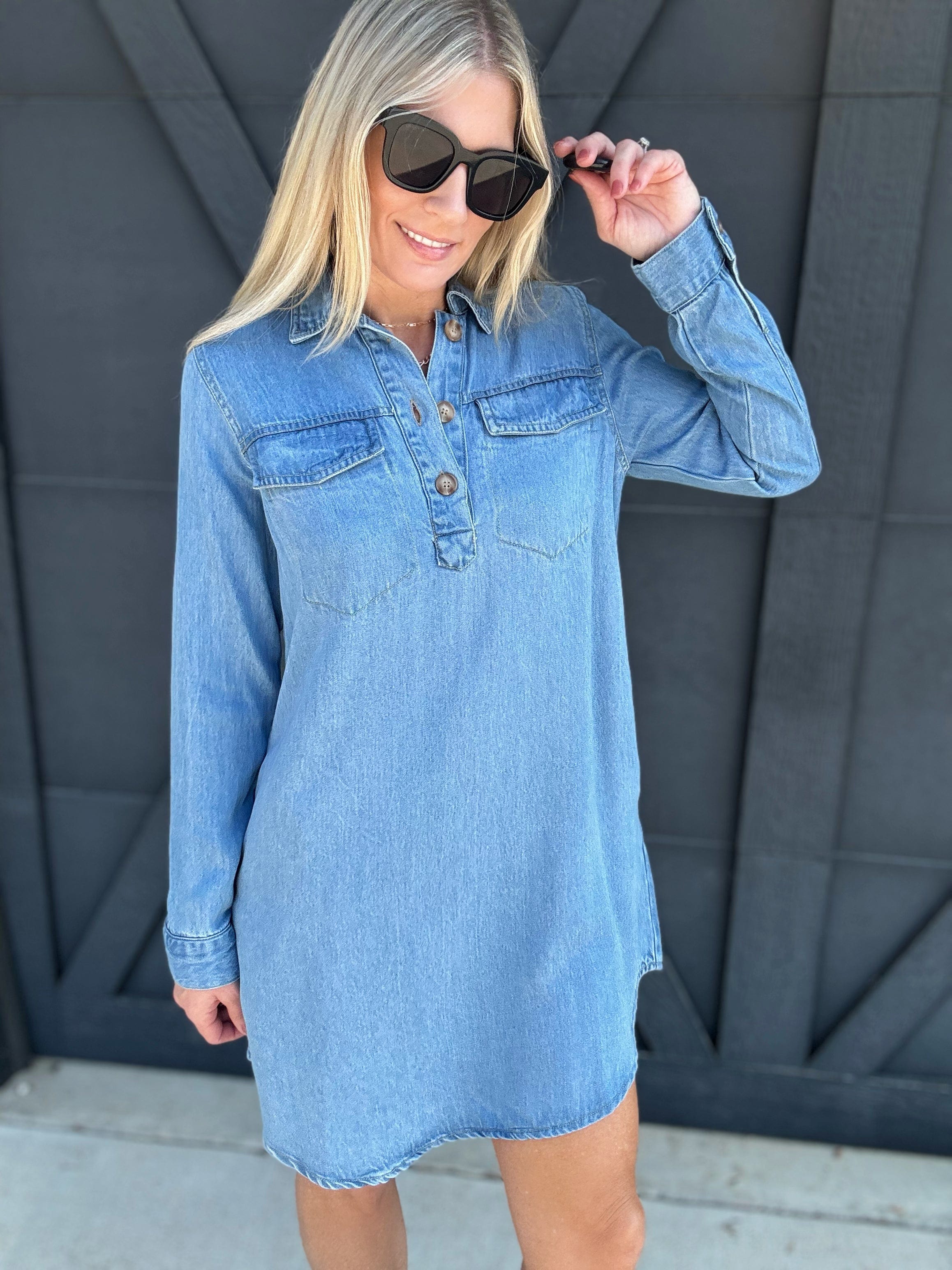 Collared Long Sleeve Mini Shirt Dress In Light Wash - Infinity Raine