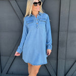 Collared Long Sleeve Mini Shirt Dress In Light Wash - Infinity Raine