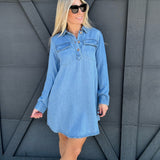 Collared Long Sleeve Mini Shirt Dress In Light Wash - Infinity Raine