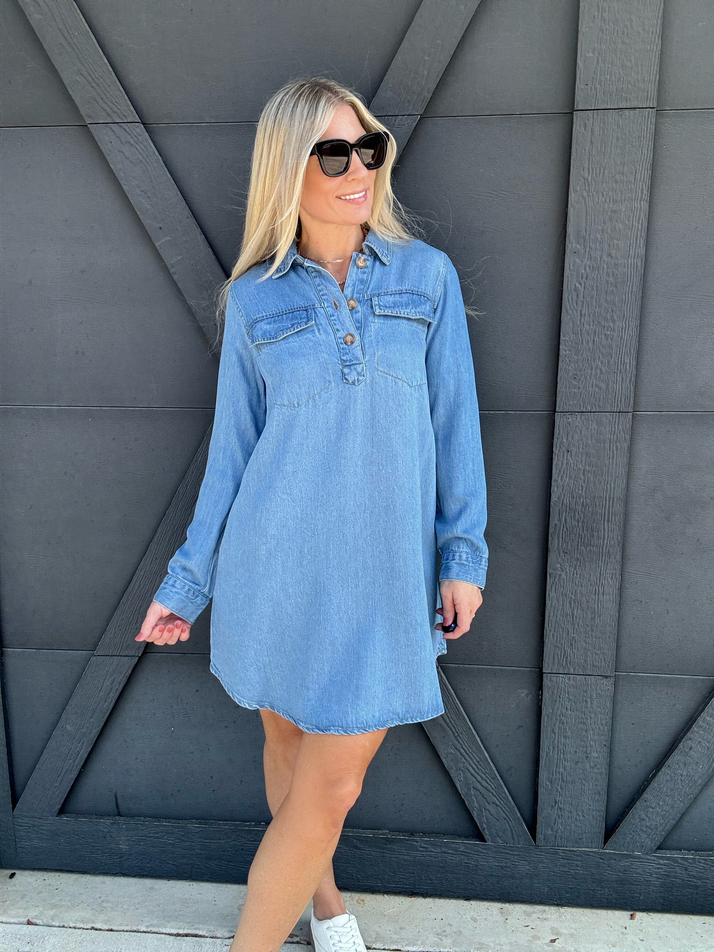 Collared Long Sleeve Mini Shirt Dress In Light Wash - Infinity Raine