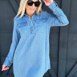 Collared Long Sleeve Mini Shirt Dress In Light Wash - Infinity Raine