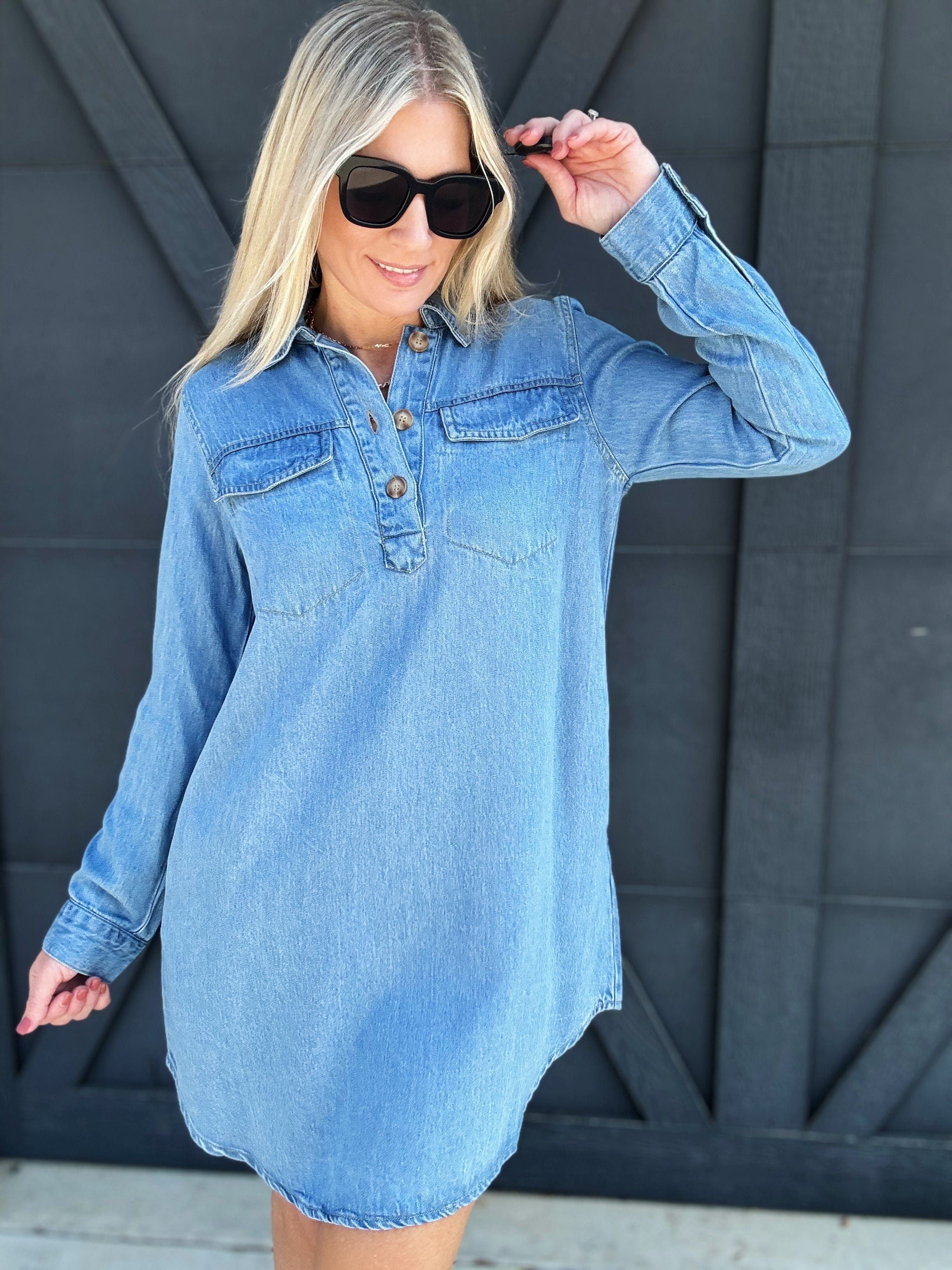 Collared Long Sleeve Mini Shirt Dress In Light Wash - Infinity Raine