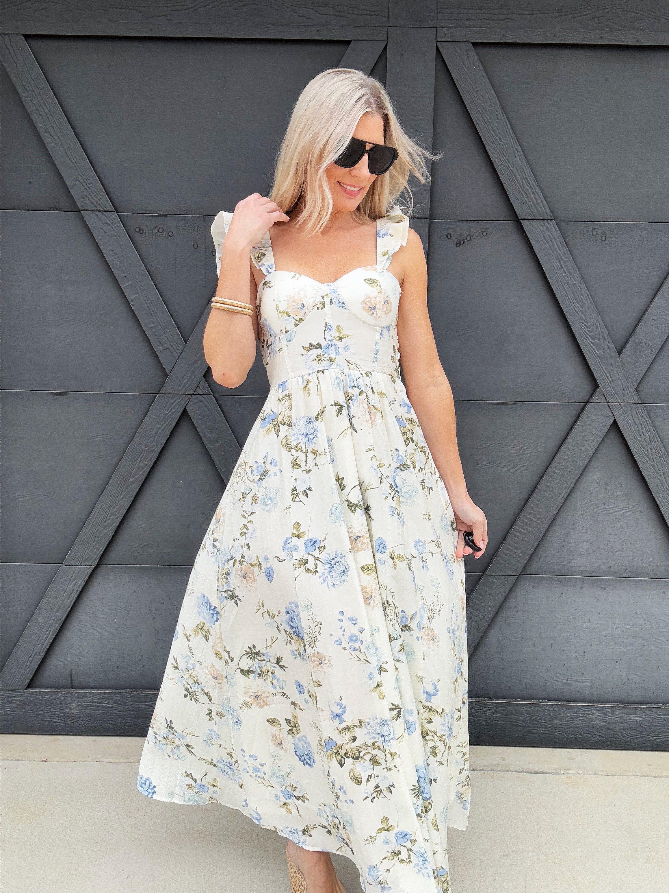 Floral Ruched Front Maxi Dress In Blue - Infinity Raine