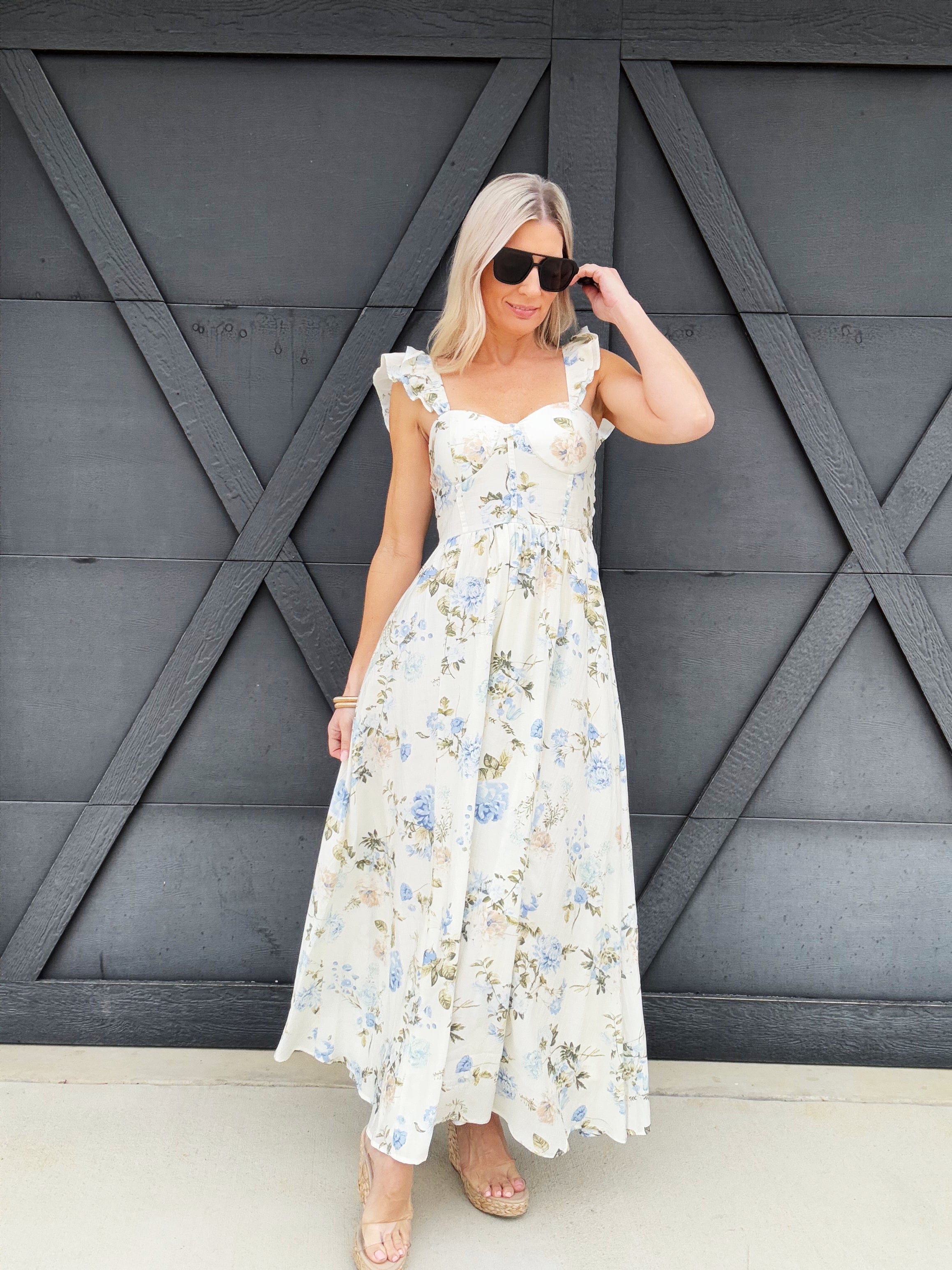 Floral Ruched Front Maxi Dress In Blue - Infinity Raine