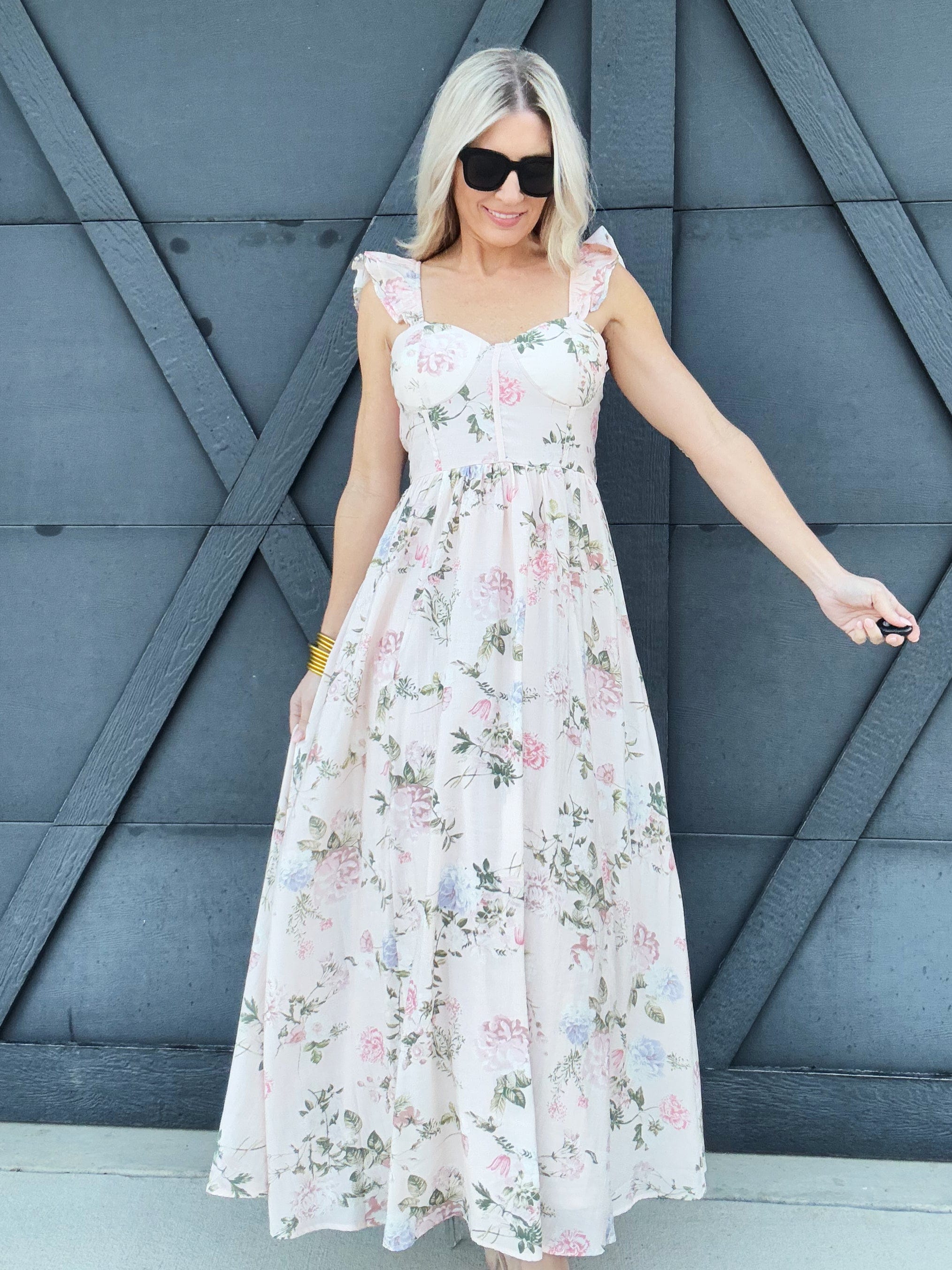 Floral Ruched Front Maxi Dress In Pink - Infinity Raine