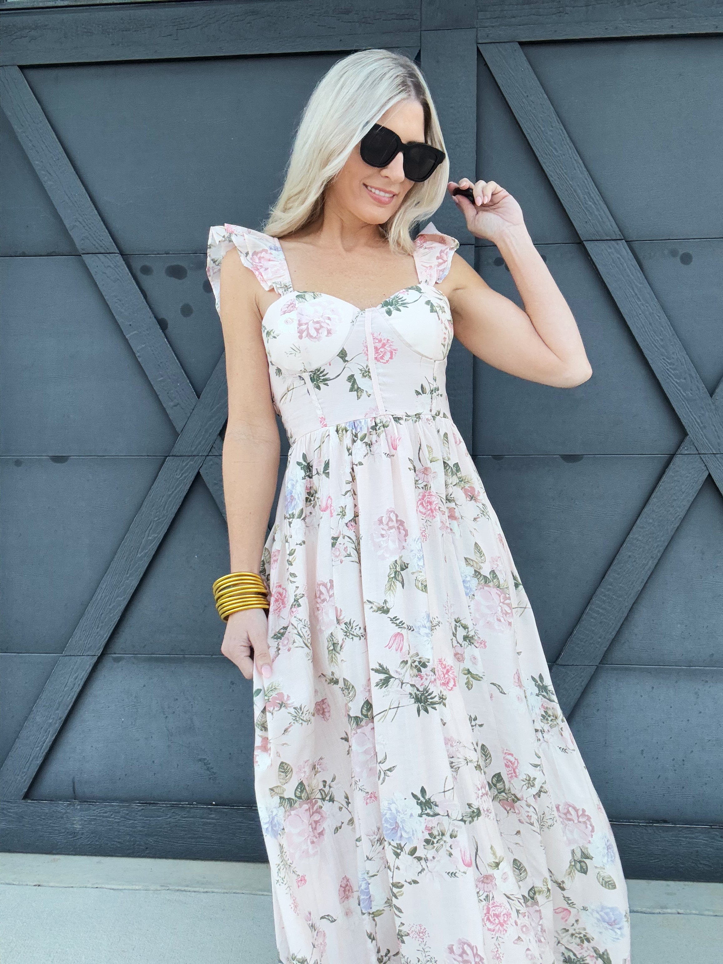 Floral Ruched Front Maxi Dress In Pink - Infinity Raine