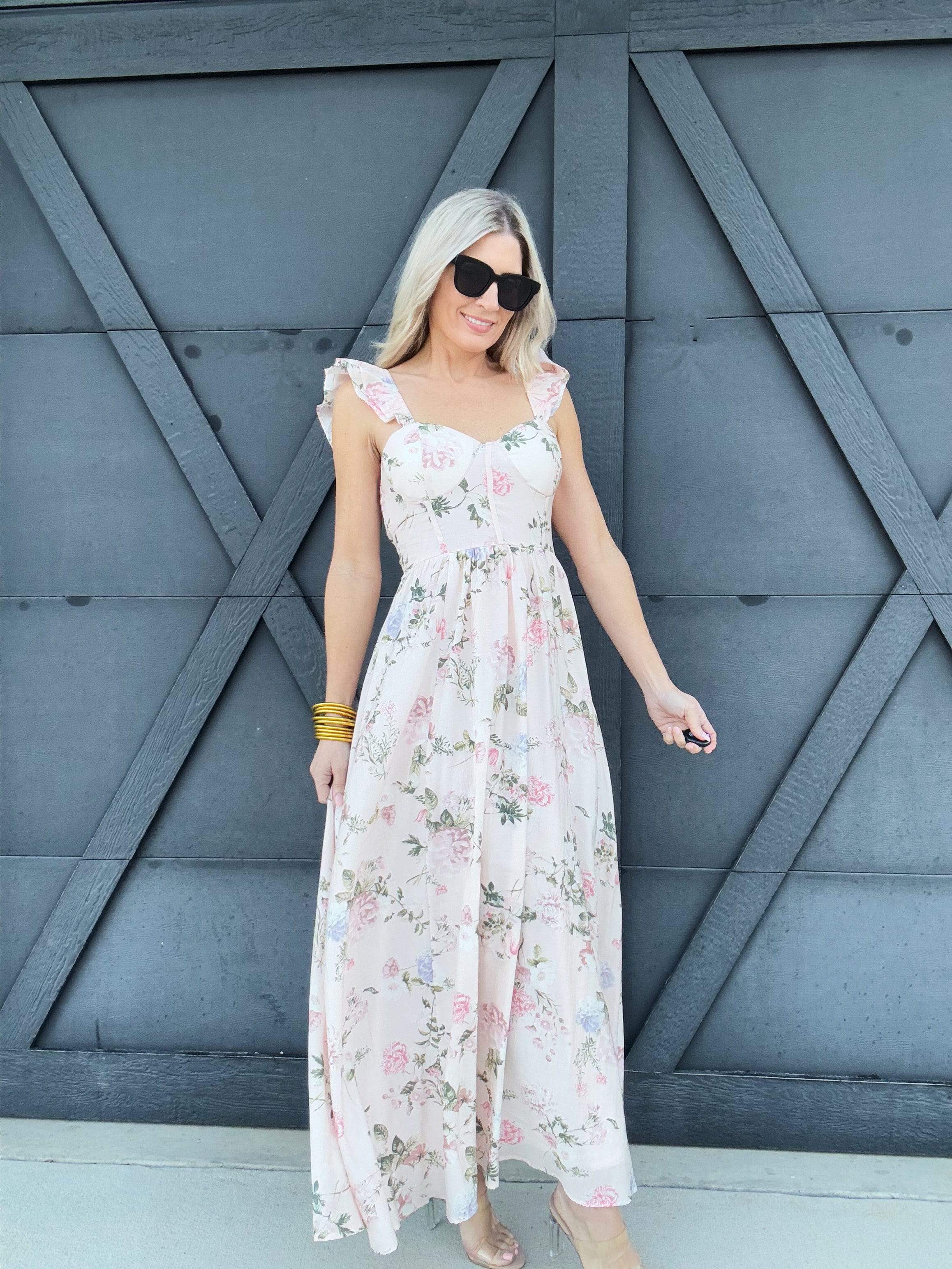 Floral Ruched Front Maxi Dress In Pink - Infinity Raine