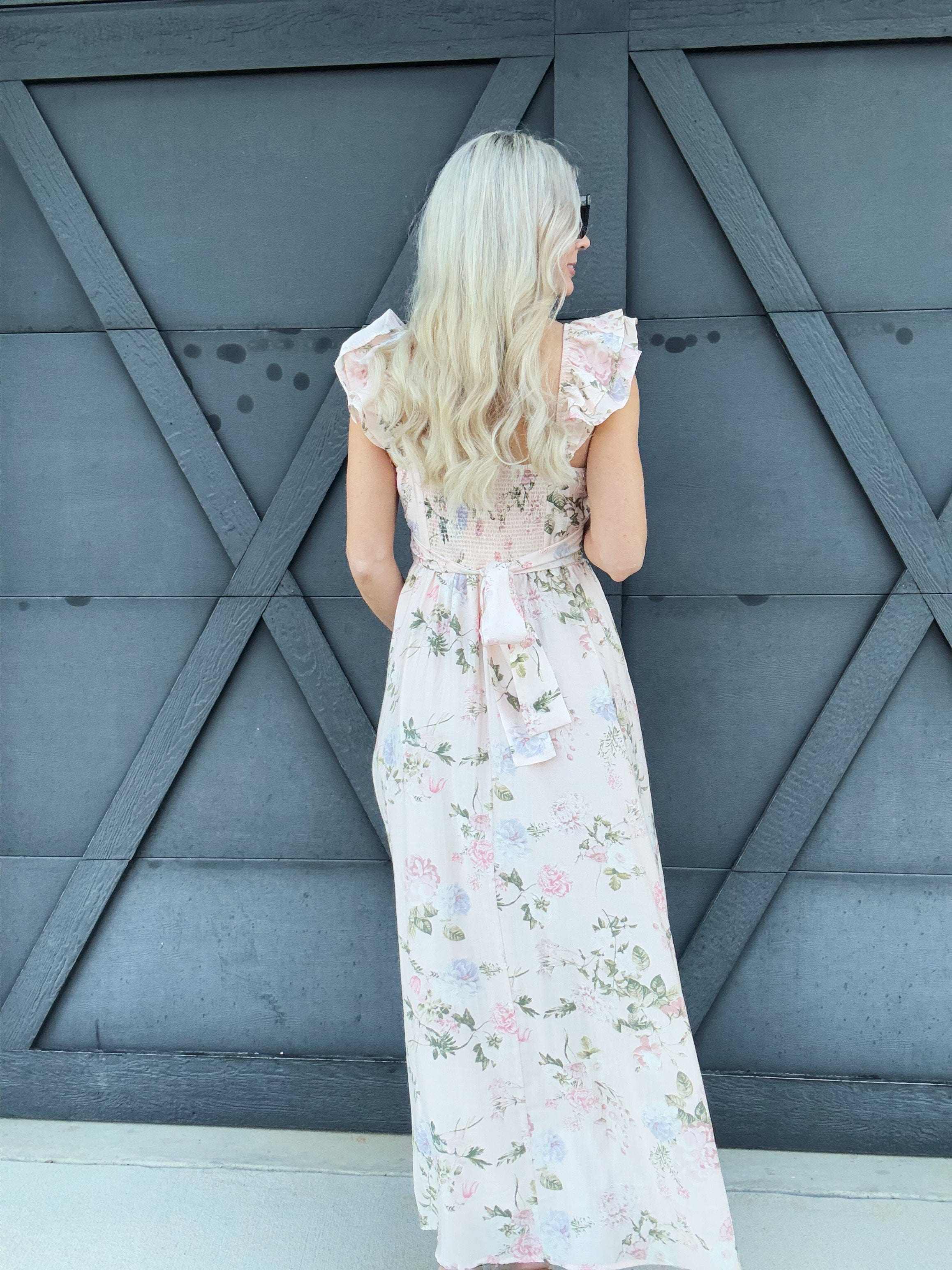 Floral Ruched Front Maxi Dress In Pink - Infinity Raine