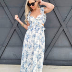 blu pepper Dresses Floral Ruffle Cutout Maxi Dress In Blue