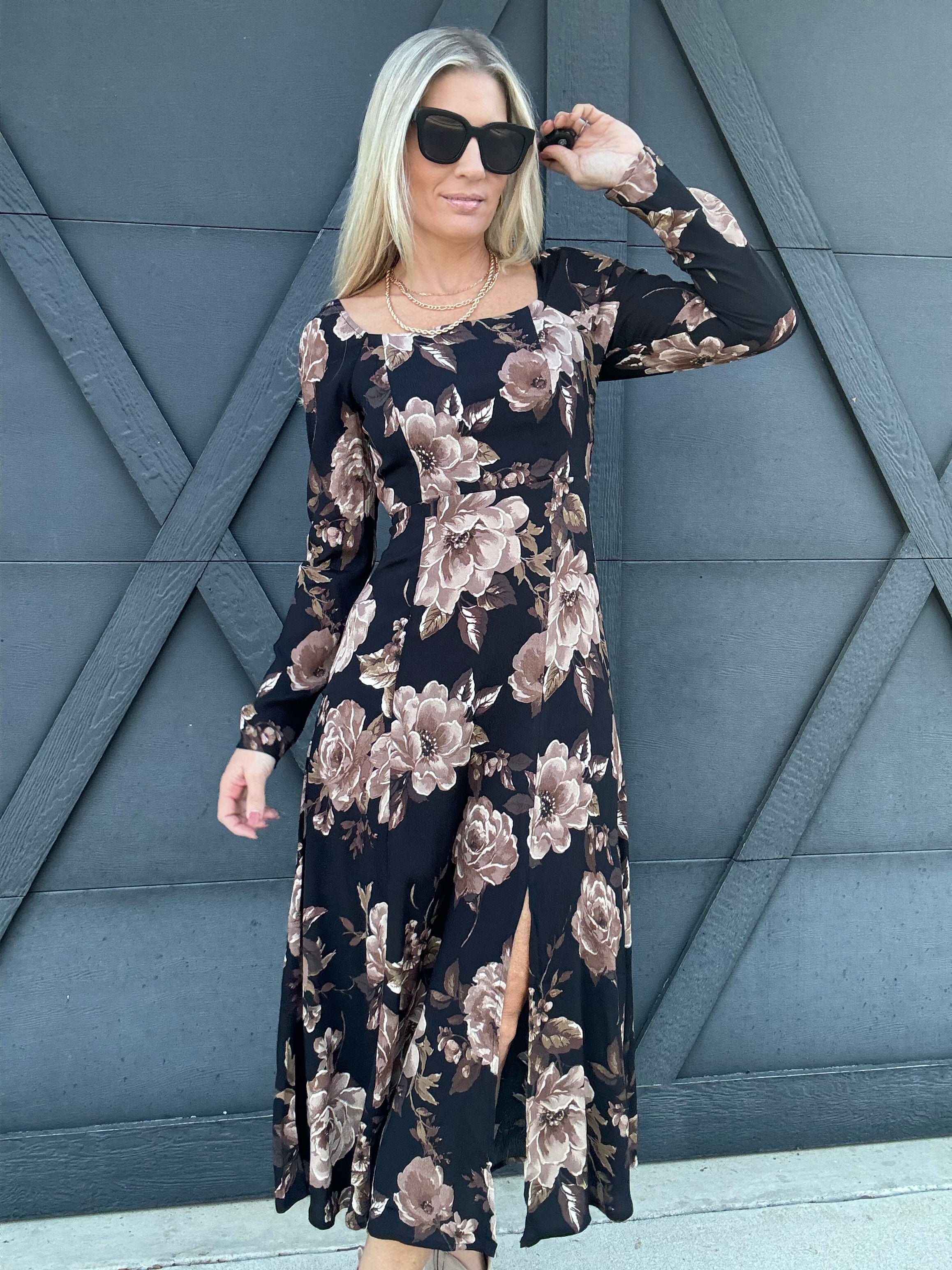 Floral Square Neck Long Sleeve Midi Dress Black - Infinity Raine