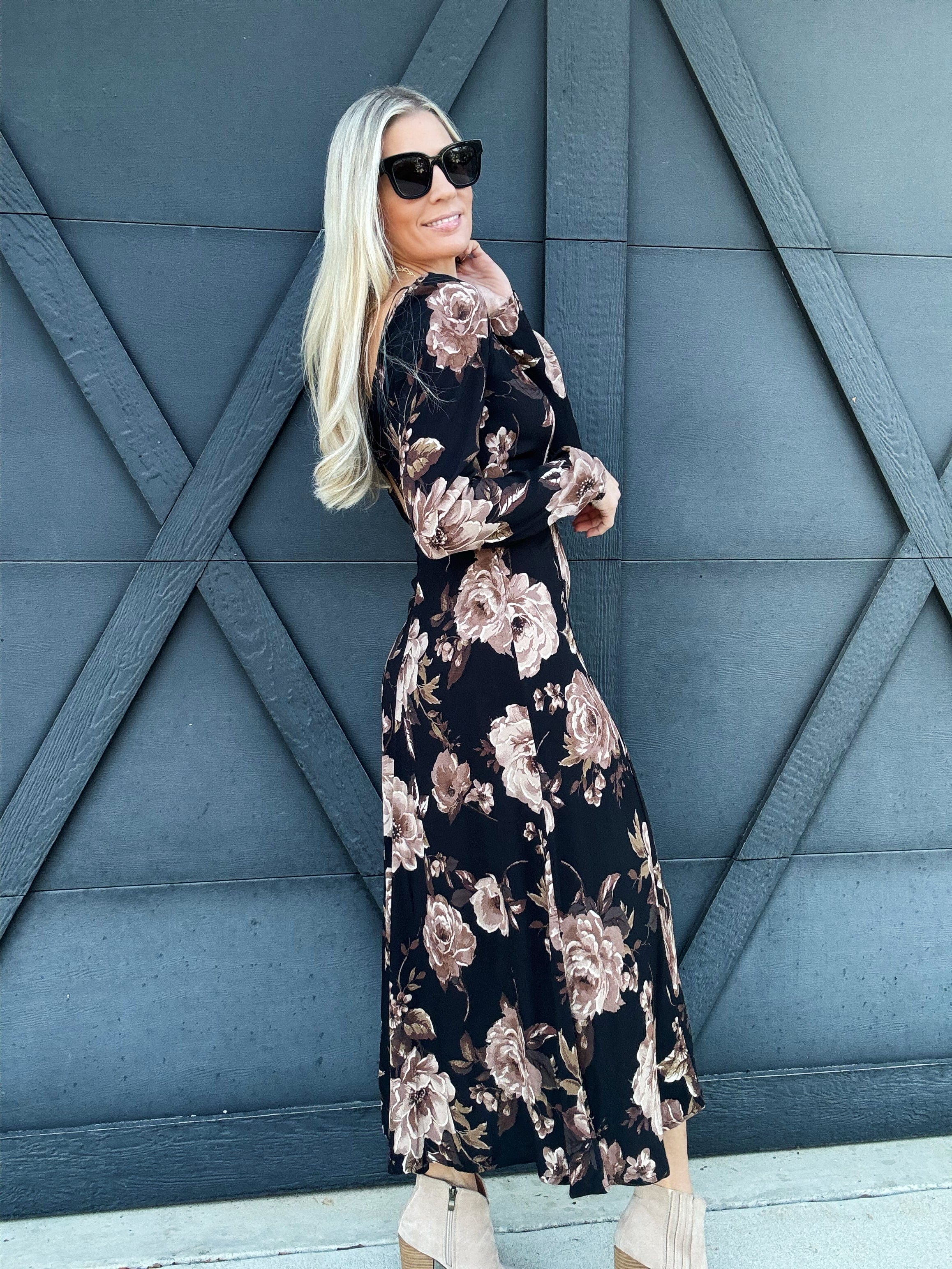 Floral Square Neck Long Sleeve Midi Dress Black - Infinity Raine