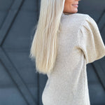 Mock Neck Puff-Sleeve  Knit Sweater Dress In Khaki - Infinity Raine