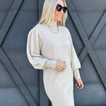 Mock Neck Puff-Sleeve  Knit Sweater Dress In Khaki - Infinity Raine