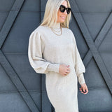 Mock Neck Puff-Sleeve  Knit Sweater Dress In Khaki - Infinity Raine