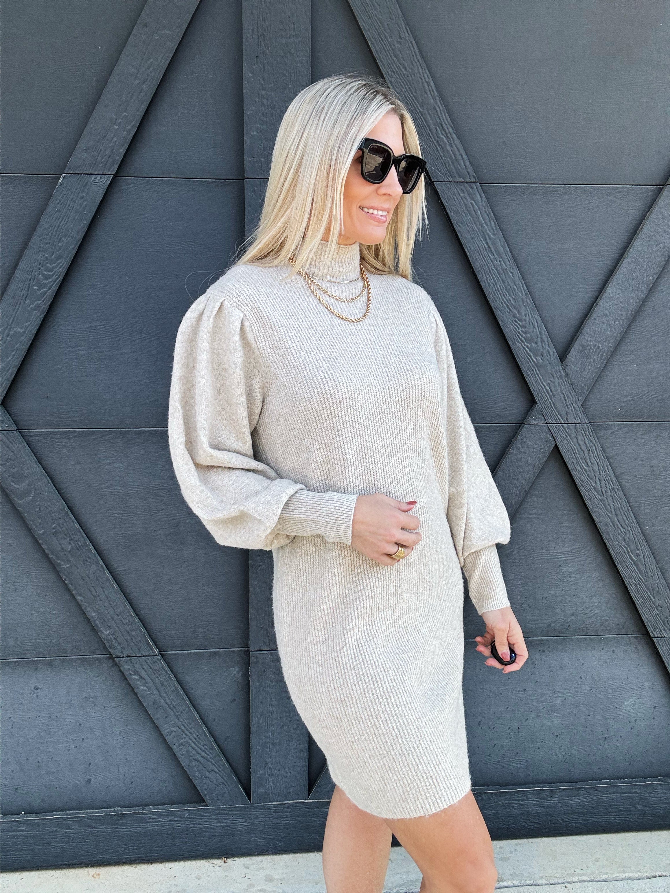 Mock Neck Puff-Sleeve  Knit Sweater Dress In Khaki - Infinity Raine