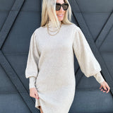 Mock Neck Puff-Sleeve  Knit Sweater Dress In Khaki - Infinity Raine