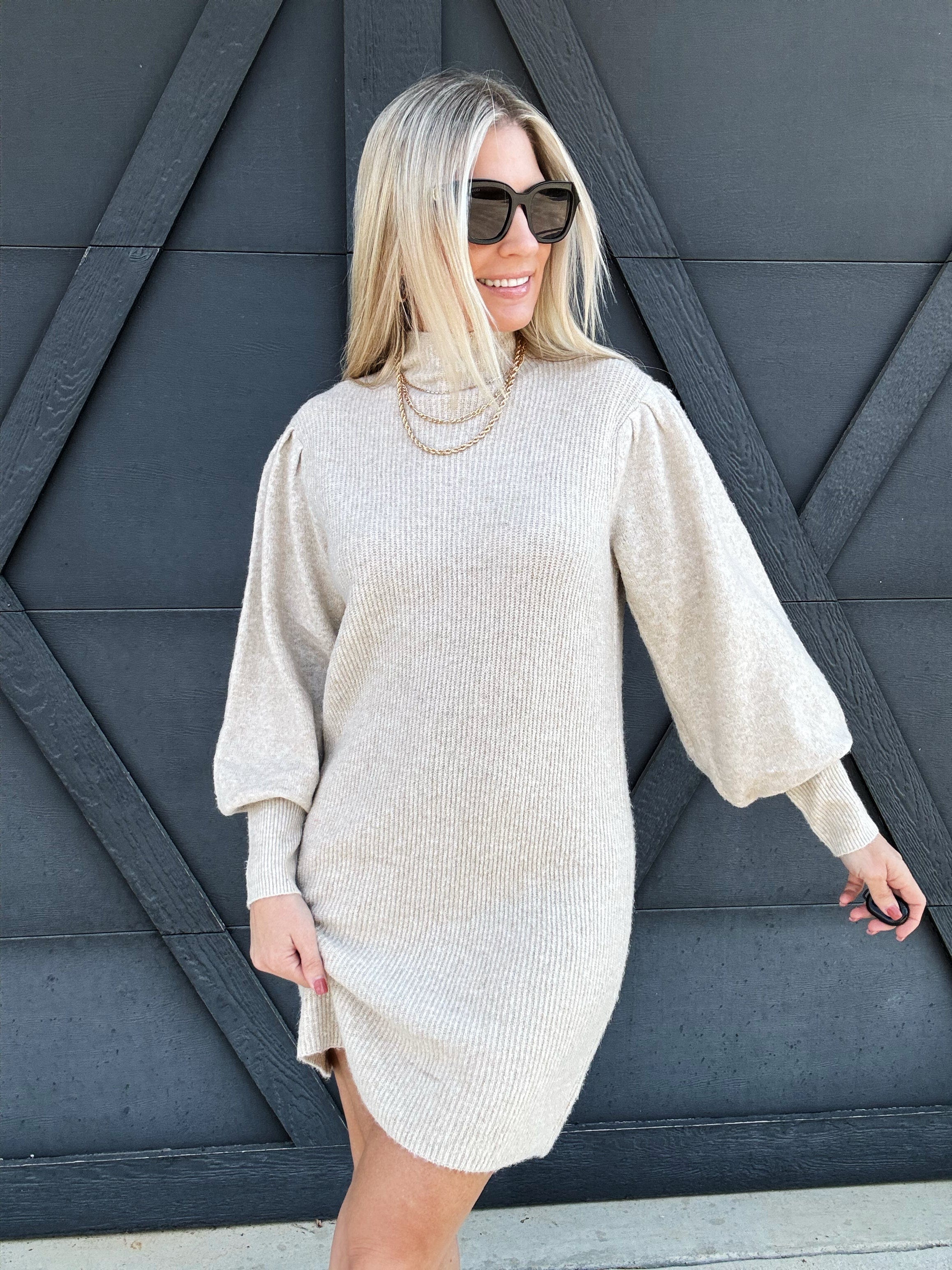 Mock Neck Puff-Sleeve  Knit Sweater Dress In Khaki - Infinity Raine