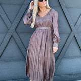 blu pepper Dresses Satin Pleated Long Sleeve Midi Dress In Mocha